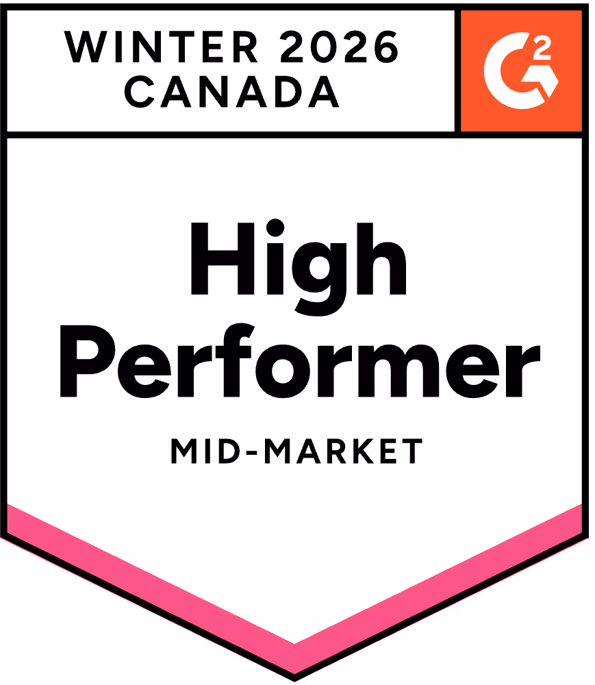 G2 Winter 2026 Canada High Performer Mid-Market badge with a pink border