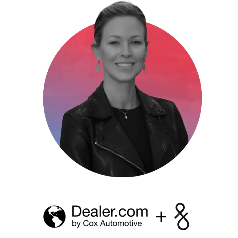 Smiling woman with light hair wearing a black leather jacket and earrings, against a circular red and purple gradient background.